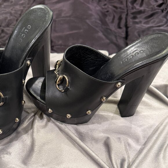 GUCCI BLACK LEATHER CLOGS ROUND HEEL WITH SILVER HARDWARE - Picture 3 of 12